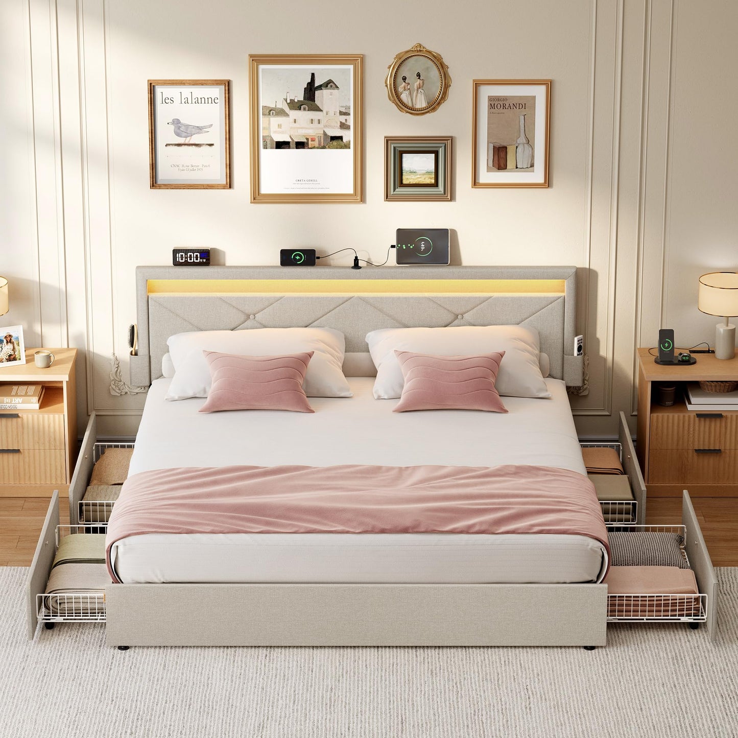 VASAGLE Double Bed Frame - Fits 140 x 200 cm Mattress - LED Metal Bed - 4 Drawers - Charging Station - Adjustable Padded Headboard - Slate Grey RMB827G02