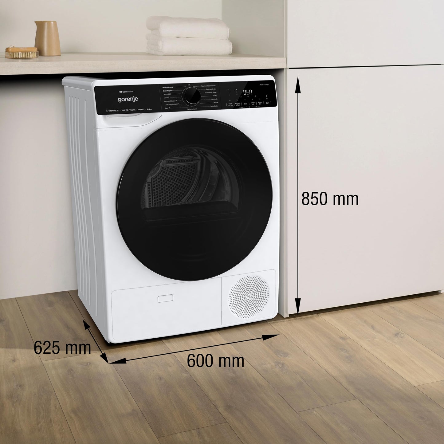 Gorenje DPNE82/GN Trockner/Kondensation mit Wärmepumpe / 8kg / 16 Programme/WIFI/Made in Europe/WaveActive Trommel/TwinAir/Feuchtesensor/Naturedry/LED Display/EEK: A++