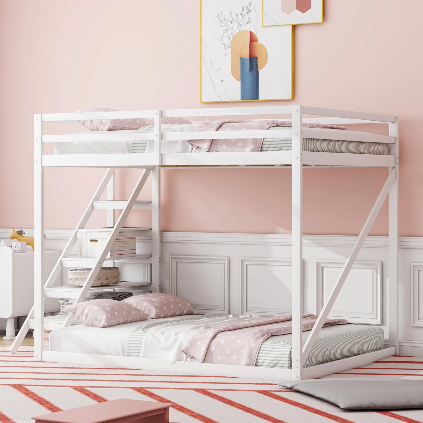 Merax Kinderbett 90x200 cm aus Holz, Multifunktionales Hochbett mit austauschbarer Treppe & Stauraum, Schubladen als Schreibtisch nutzbar, Weiß (Ohne Matratze)