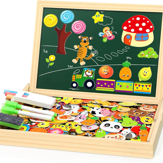 Jojoin 130 Stücke Magnetisches Holzpuzzle - 2025 Neu Montessori Holzpuzzle mit Doppelseitig Magnetisch | Wald | Bauernhof | Obst | Bus - Kreativ Spielzeug für Kinder