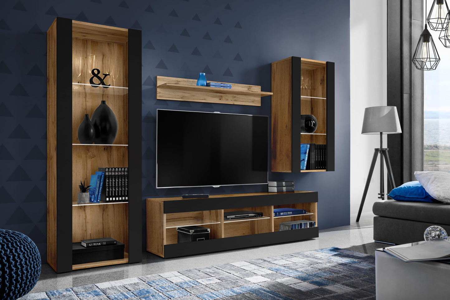 Komodee Tivoli Medio Wall Unit Living Room Set, Black/Black, Width 245 cm x Height 159 cm x Depth 35 cm, LED Blue, for Living Room, Bedroom