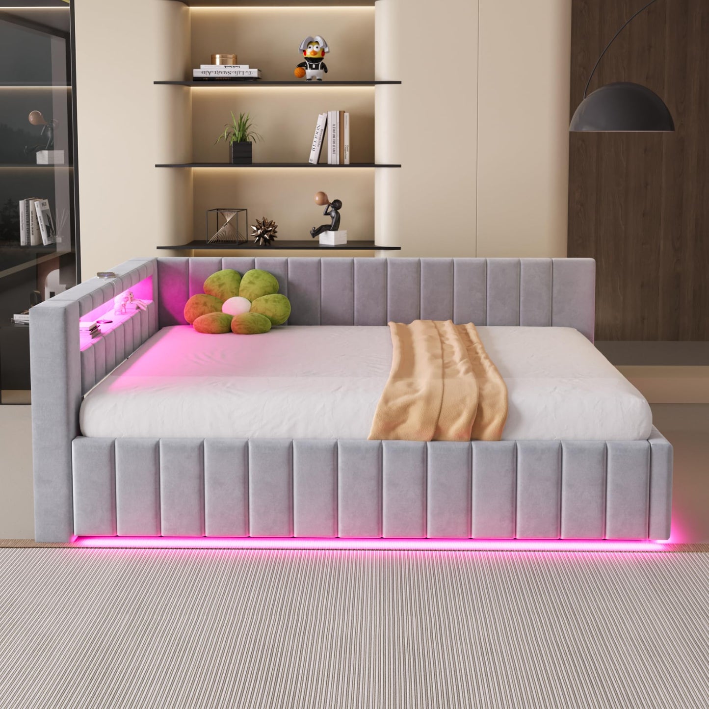 KEYIDE Upholstered Sofa Bed, 140 x 200 cm with LED Lighting and USB Charging, Bed Frame with Wooden Slatted Frame, Day Bed, Guest Bed, Youth Bed, Velvet Fabric, Without Mattress (Grey, 140 x 200)