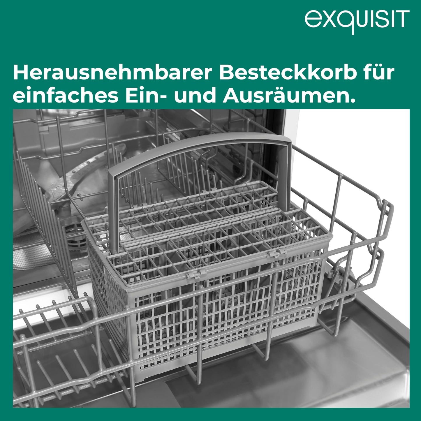 Exquisit PRO GSP56314-030C Dishwasher 60 cm, Undermountable, Energy Efficiency Class: C, 14 Place Settings, Cutlery Drawer, Automatic Door Opening, Delay Start, 11 Litres, Silver