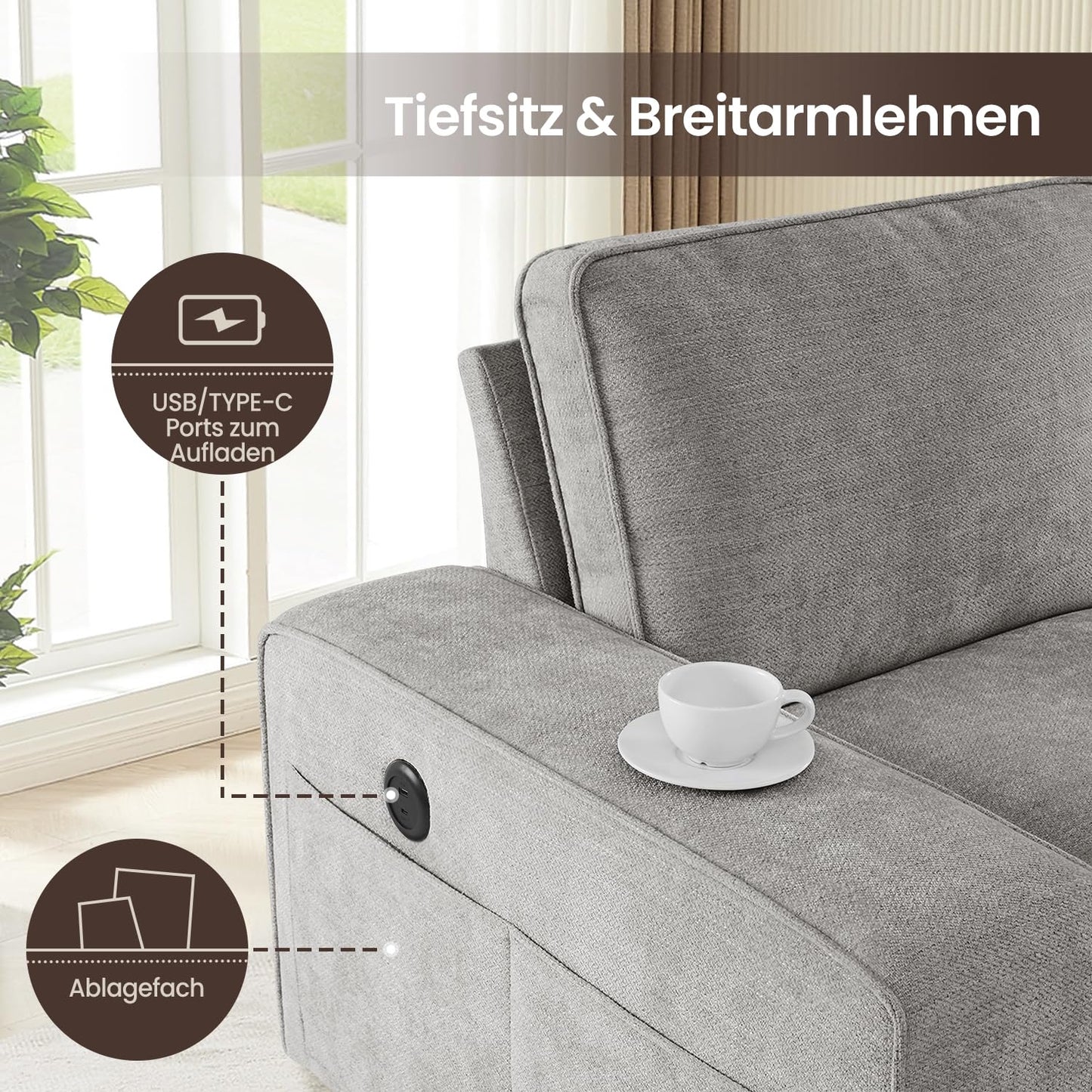DUANDUAN 250CM Convertible Sektionssofa Couch mit Chaise Lagerung, Moderne L-förmige Reversible Design, Bequeme Chenille Stoff, abnehmbare Kissenbezüge USB Typ-C Ports Wohnzimmer(Beige)