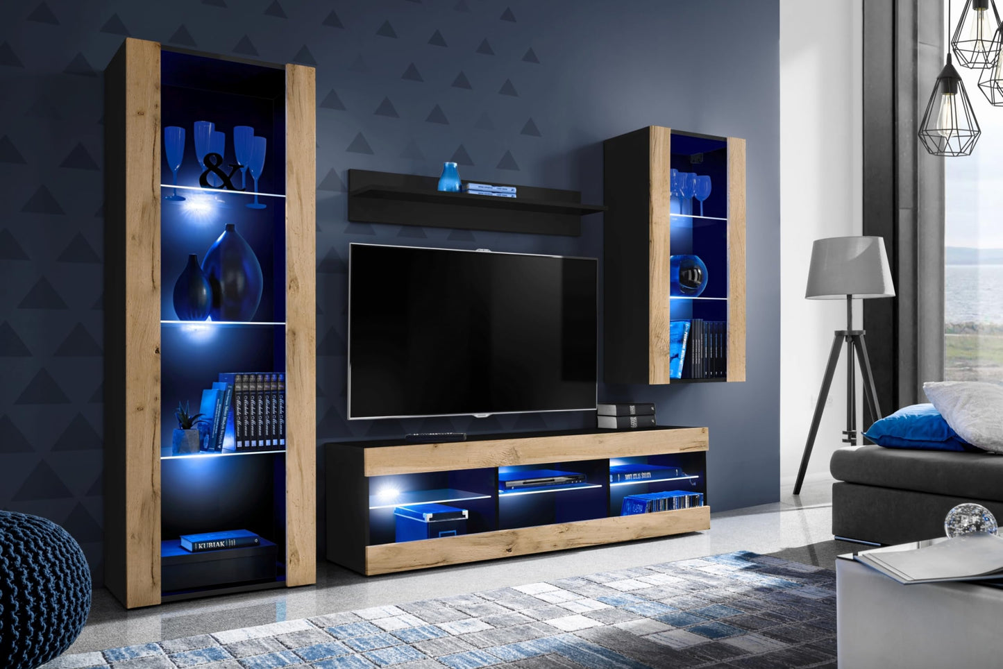 Komodee Tivoli Medio Wall Unit Living Room Set, Black/Black, Width 245 cm x Height 159 cm x Depth 35 cm, LED Blue, for Living Room, Bedroom