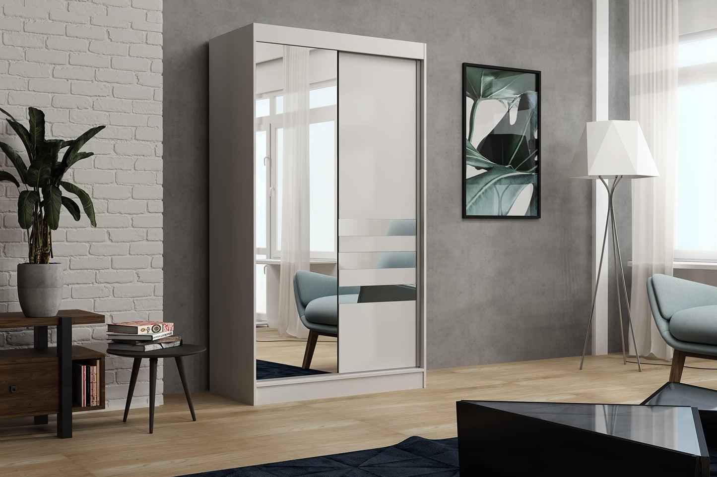 Brent - Kleiderschrank mit Spiegel Henry, 250cm Breit, Schlafzimmerschrank mit 1 Kleiderstange und Einlegeböden für Kleidung, Kleiderschrank Grau
