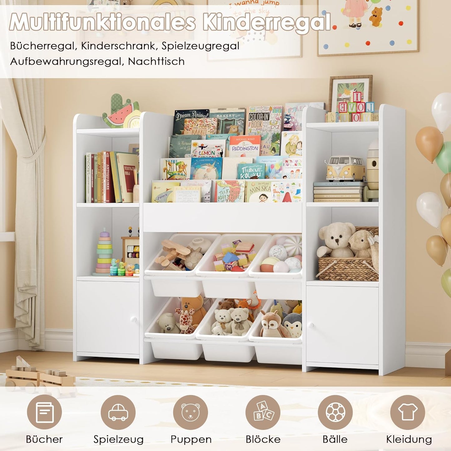 FOREHILL Children's Shelf with Children's Bookcase, Children's Room Furniture Made of Wood, Bookcase for Children with Storage Box, Children's Cabinet with Toy Box, Children's Shelf with 6 Boxes, 119