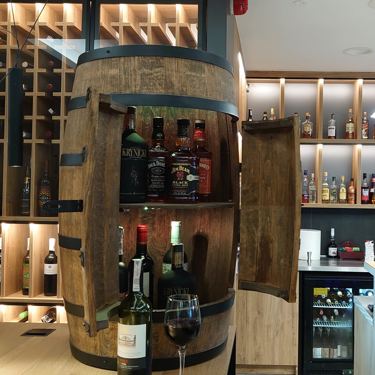 CREATIVE COOPER Wooden Wine Rack with Door with LED - Alcohol Cabinet Bottle Rack Wood - Wooden Barrel - Barrel Furniture - Wine Stand - Wine Barrel - Wine Bar - Barrel Bar with Door - Mini Bar 80 cm