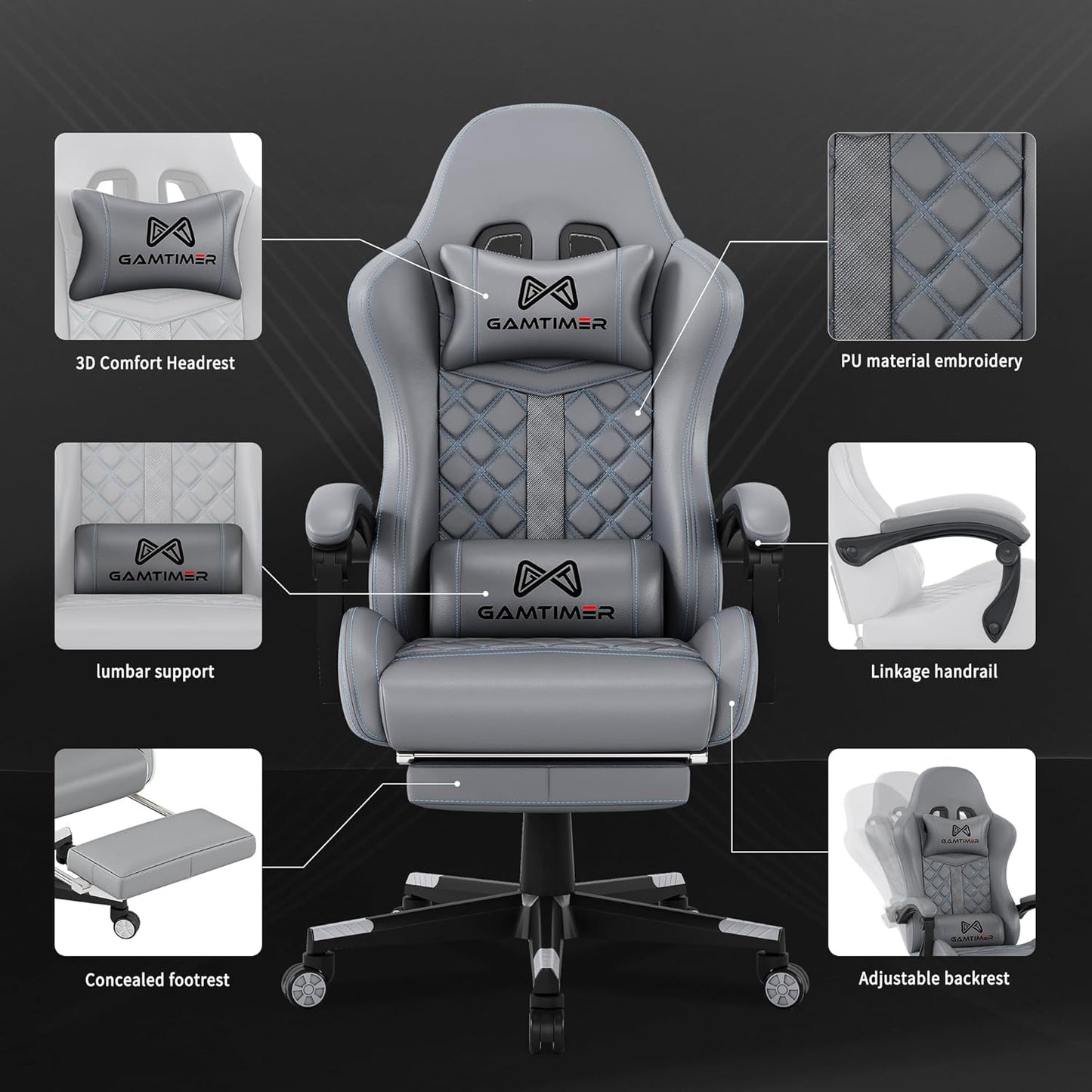 Gaming Chair, Ergonomic Office Chair, PC Chair, Gaming Chair, Lumbar Cushion and Footrest, PU Leather Gamer Chair, Adjustable Backrest from 90-155°, Height Adjustable 360° Swivel Chair (Pink)