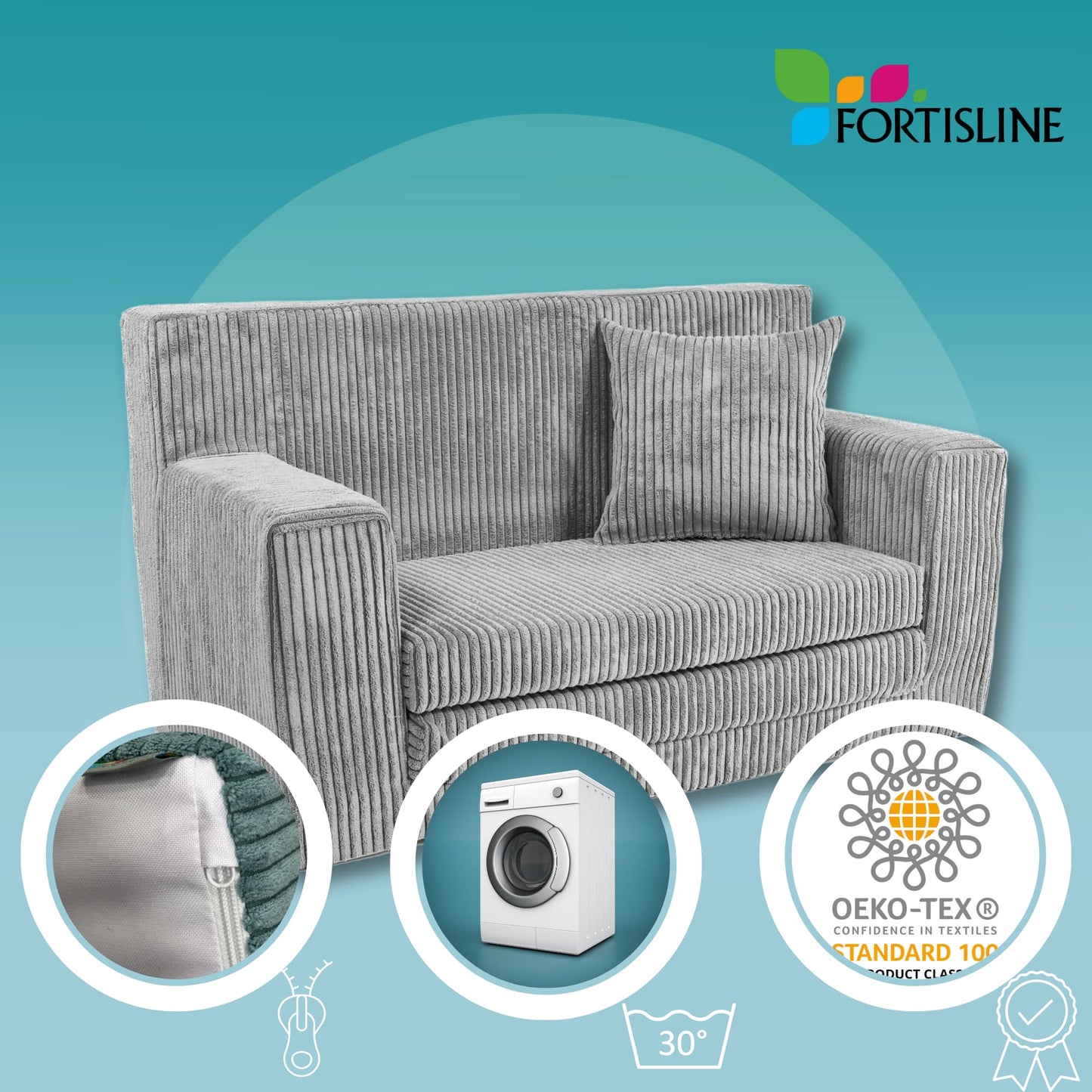 FORTISLINE - Kindersofa ausklappbar 83x47x43cm Oeko-TEX - Spielesofa für Kinder 2in1 - Kindercouch Aufklappen Bettfunktion - Schlafcouch aus Schaumstoff - Kuschel-Cord - Viele Muster (Grau)