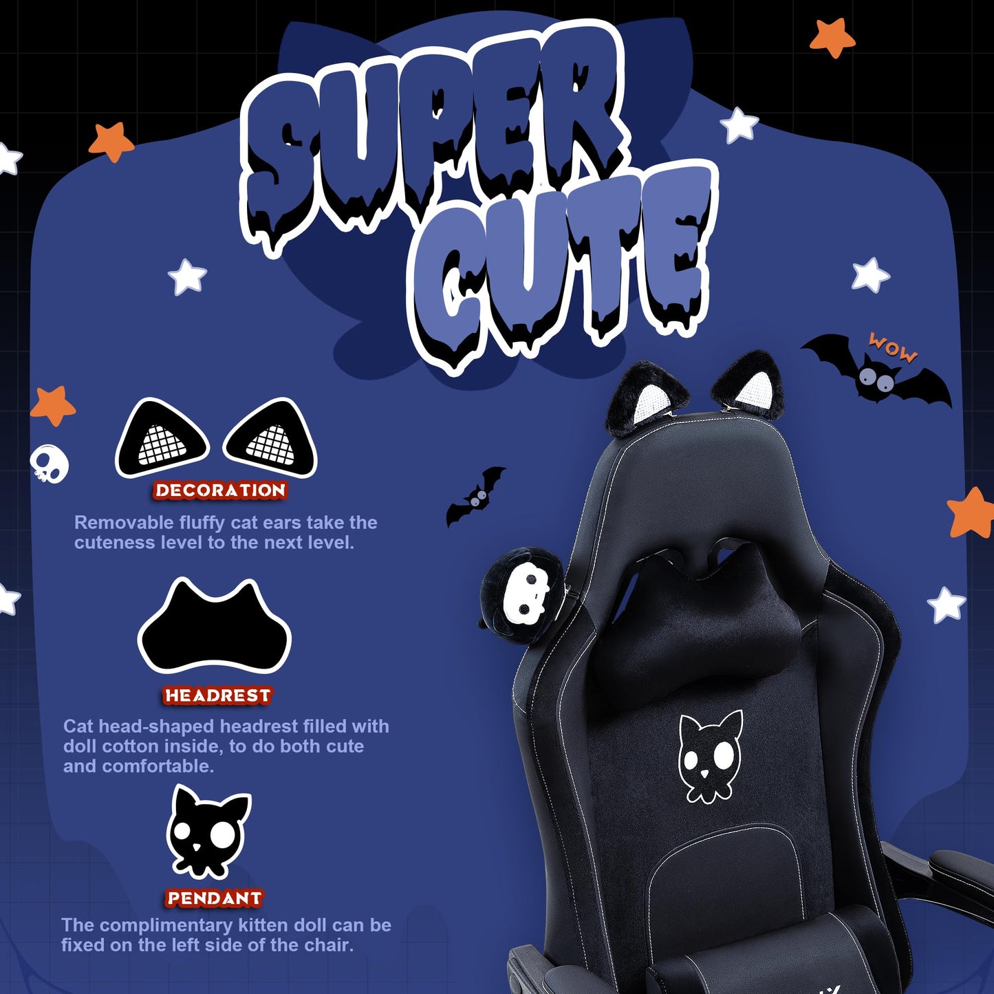 Dowinx Gaming Chair - Cute Cat Edition - Ergonomic Computer Chair with High Back and Lumbar Support, PU Leather, Footrest, Black