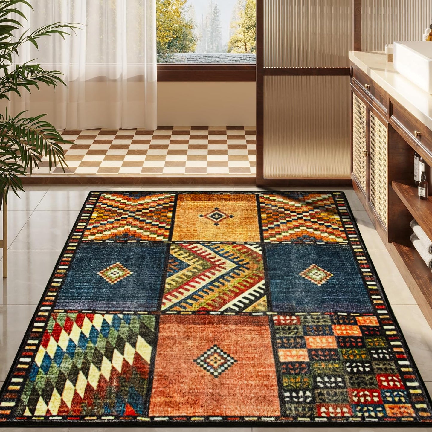 Teppich Quadratisch 160x160cm Vintage Flickenteppich Teppich Wohnzimmer Kurzflor Bunte Waschbar Rutschfest Easy Clean FüR Wohnzimmer, Schlafzimmer, Balkon, Auch FüR KüChe oder Esszimmer Geeignet.