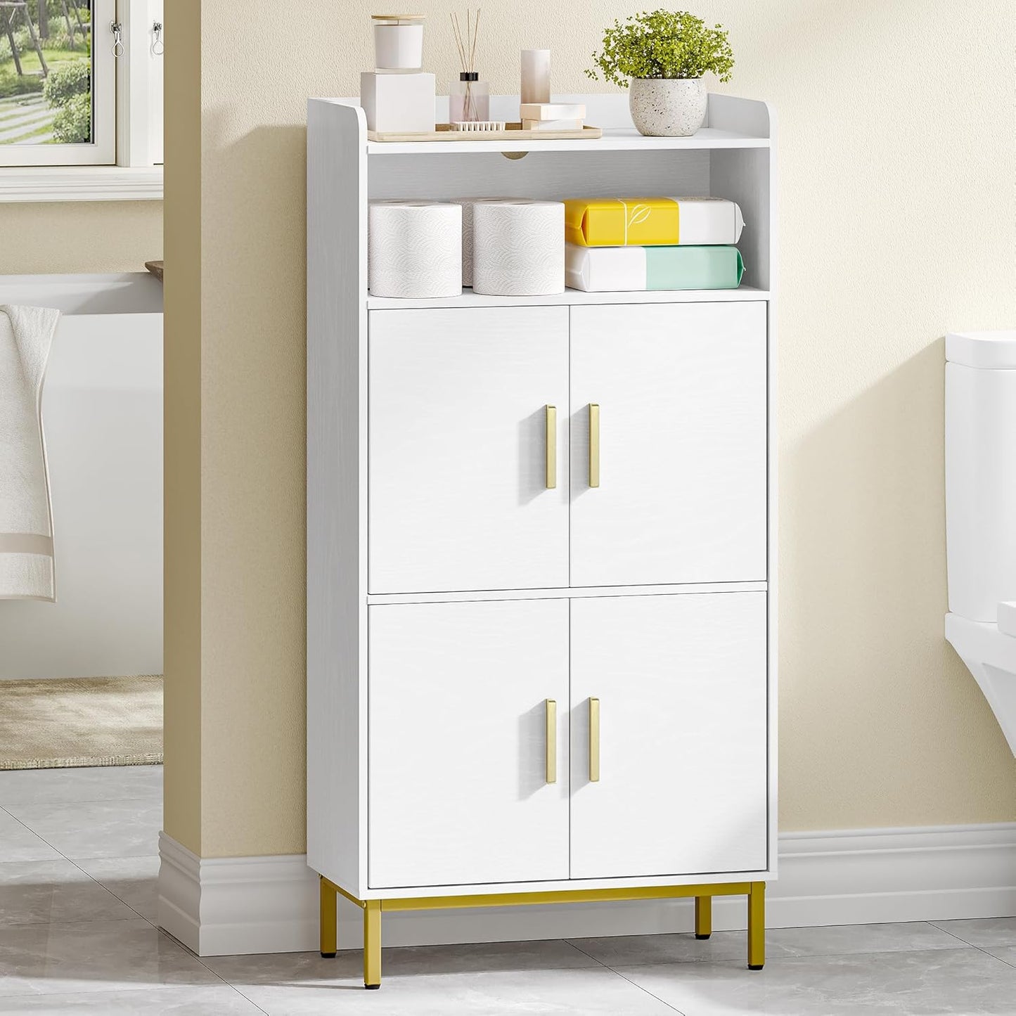 Hzuaneri SC45613G Bathroom Cabinet, Kitchen Cabinet, Storage Cabinet, 4 Doors and 1 Open Area, Adjustable Shelf, Bathroom, Living Room, Study, 30 x 60 x 120 cm, White