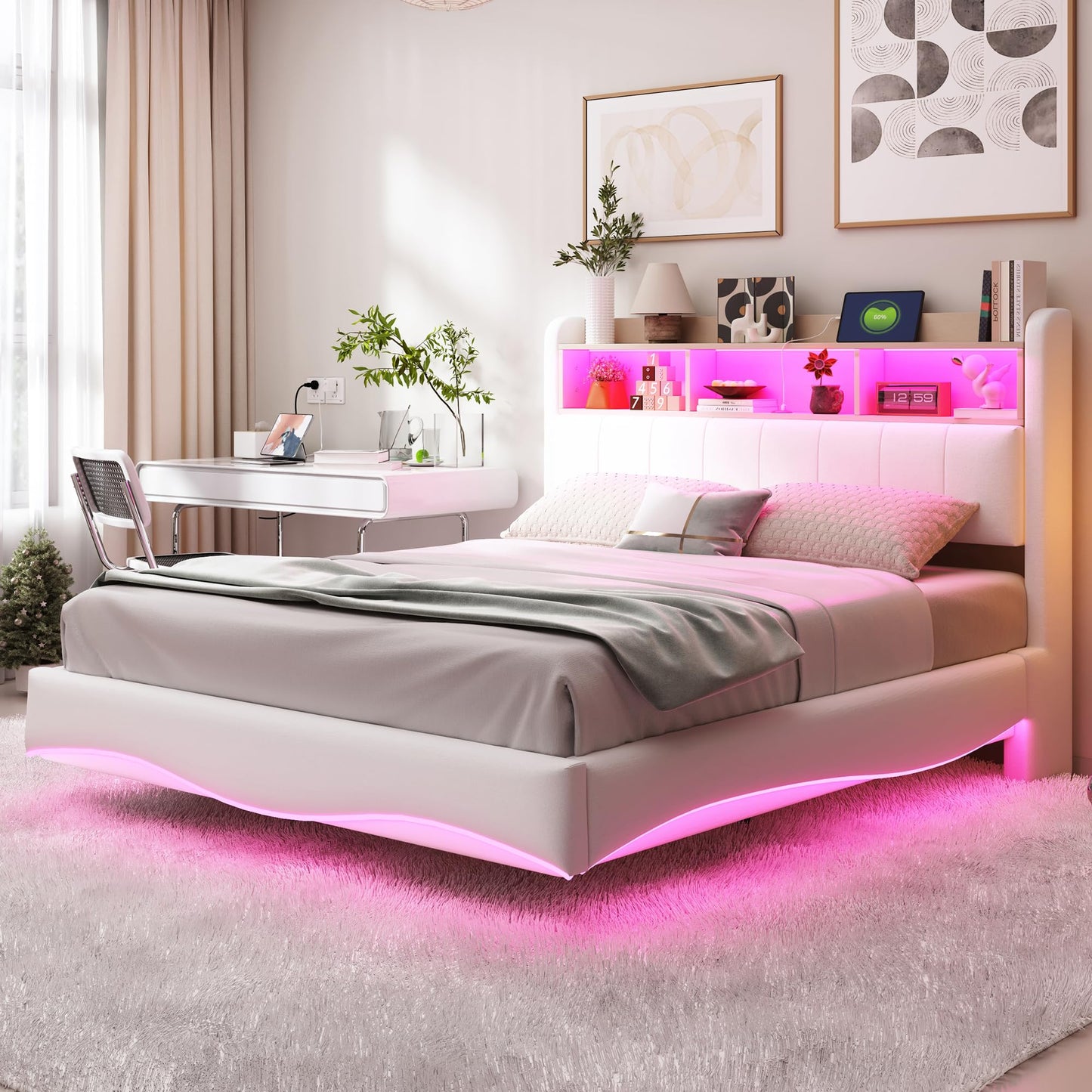 LAKFEW Polsterbett 140X200 cm, Doppelbett Stauraumbett mit LED-Beleuchtung, Erwachsenenbett mit USB/Typ-C, Bettgestell Bett mit Lattenrost, Ohne Matratze, Grau, Leinen