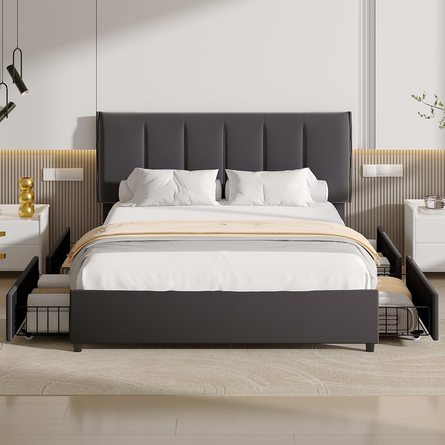 VECELO Upholstered Bed 140 x 200 cm Double Bed with 4 Storage Drawers and Height-Adjustable Headboard, Padded Bed Frame with Slatted Frame and Storage Space, Velvet, Without Mattress, Grey