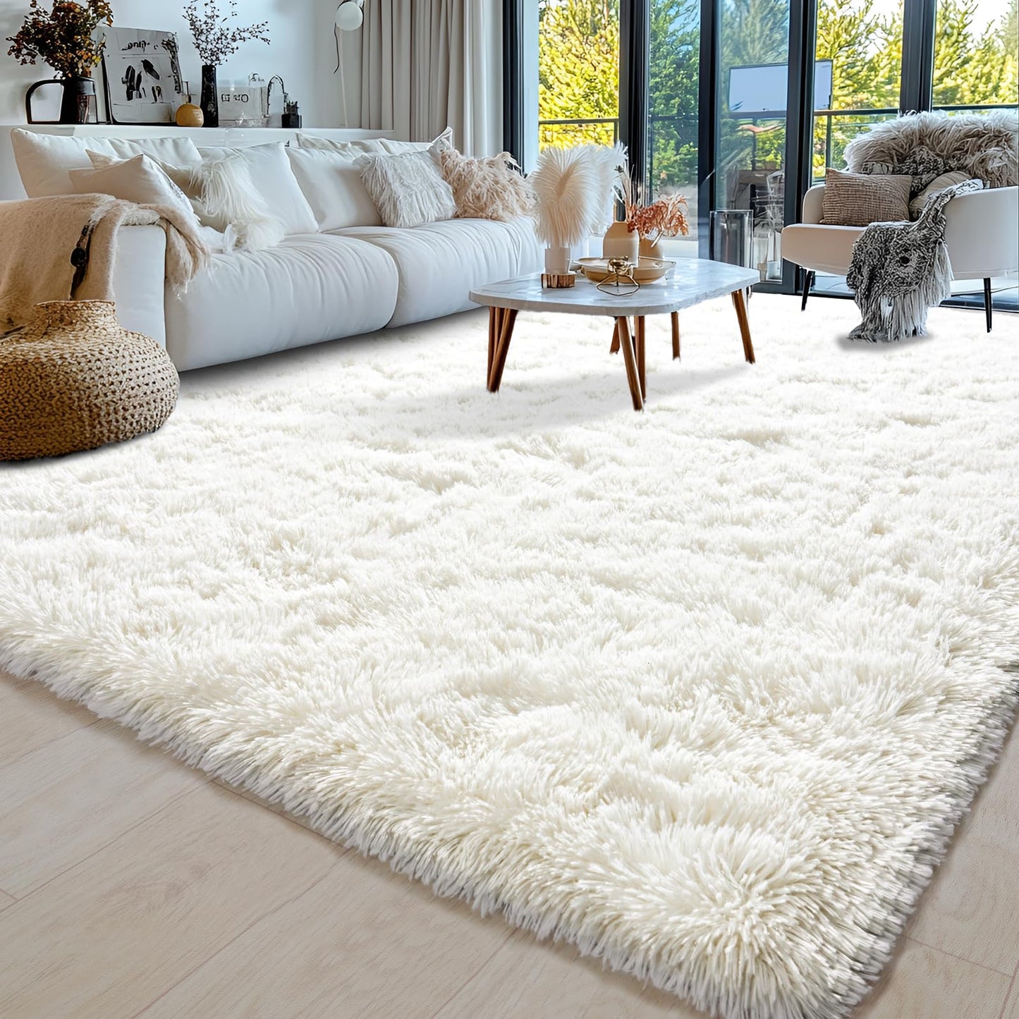 High Pile Living Room Rug, 140 x 200 cm, Cream Fuzzy Shaggy Fluffy Rug for Bedroom Rugs, Modern Plush Living Room Rug, Bed Rug, High-Pile Carpet, Non-Slip for Children's Room