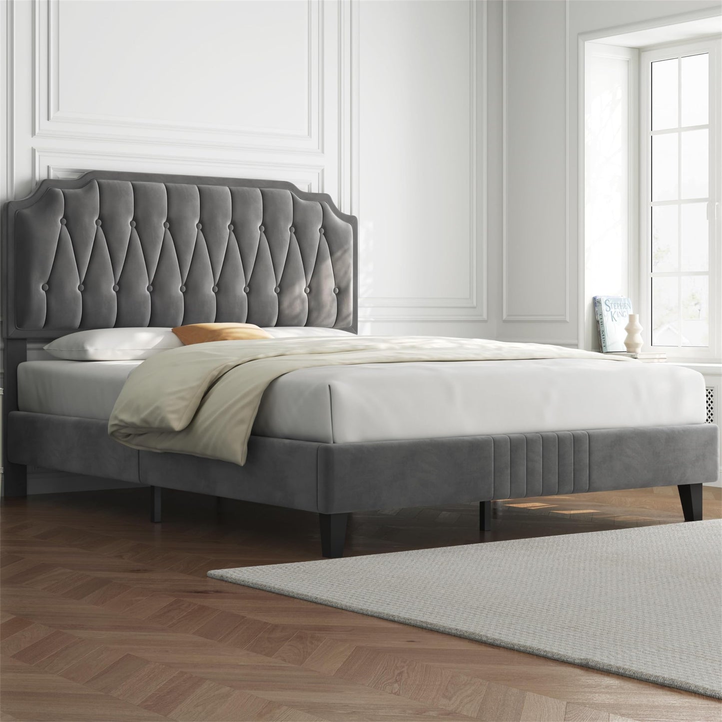 Yaheetech Upholstered Double Bed 140 x 200 cm Fabric Bed Youth Bed Padded Bed with Height-Adjustable Headboard Bed Frame with Slatted Frame, Dark Grey