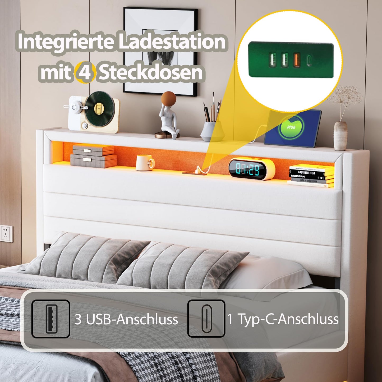 LAKFEW Upholstered Bed 140 x 200 cm, Double Bed Functional Bed with USB Socket and LED Lighting, Hanging Bed Headboard with Concealed Storage Space, Bed Frame Bed with Slatted Frame, Linen, Without