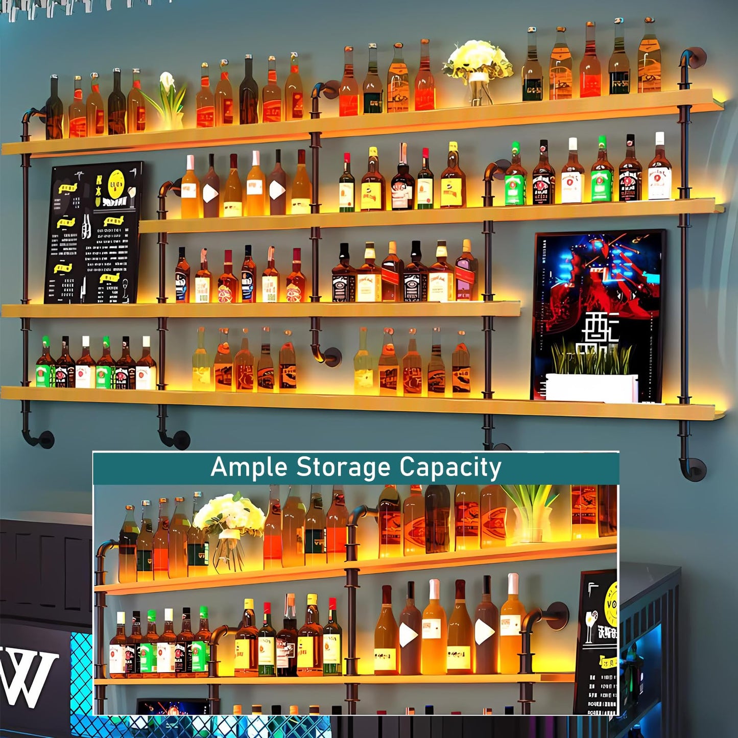 Dawselod Wandweinregal Mit LED-Beleuchtung, 4 Ebenen Massivholz Weinflaschenhalterung, Whiskeyregal mit Geländer, Modernes Weinlager Für Homebar, Küche, Gastronomie (Wood, 150 * 20 * 150cm)