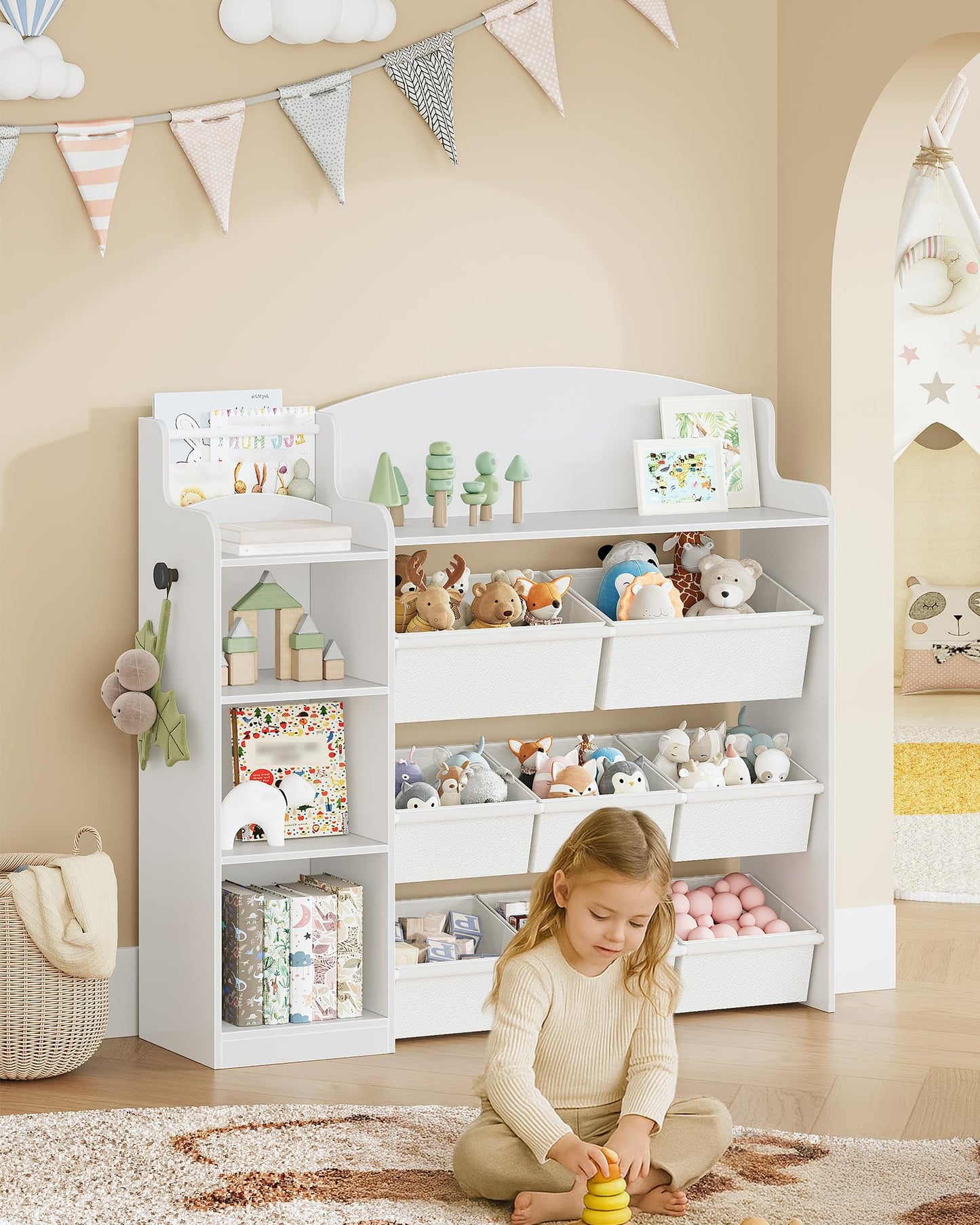 Hzuaneri KB43003W Children's Bookcase, Wooden Bookcase, Toy Shelf with 8 Fabric Drawers for Children's Room, Living Room, Study, White, 30 x 140 x 100 cm