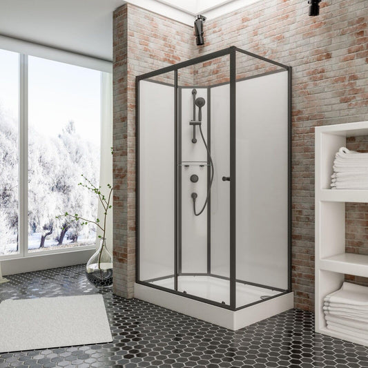 Schulte Ibiza Complete Shower 120 x 80 cm Shower Temple 5 mm Safety Glass Profile Matte Black Shower System Matte Black Rear Panels White Shower Tray White