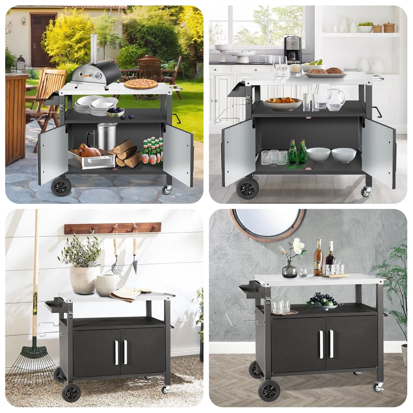 Barbecue Table with Large Work Surface | Grill Side Table, Outdoor Grill Trolley, Grill Table Outdoor, Stainless Steel Table Top, Outdoor Garden Trolley
