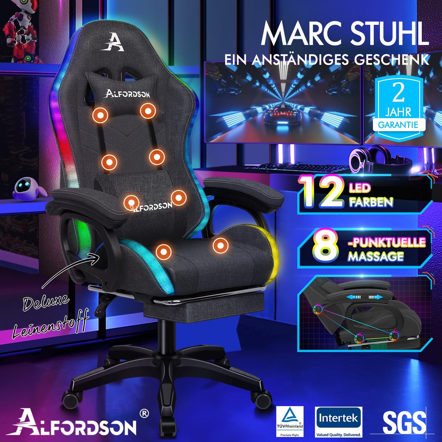 ALFORDSON Gaming Stuhl mit 8-Punkt Massage 12 Farben RGB LED-Licht, Bürostuhl Ergonomisch mit fußstützen, Kopfstütze Lendenkissen für Kinder Erwachsene, Schwarz