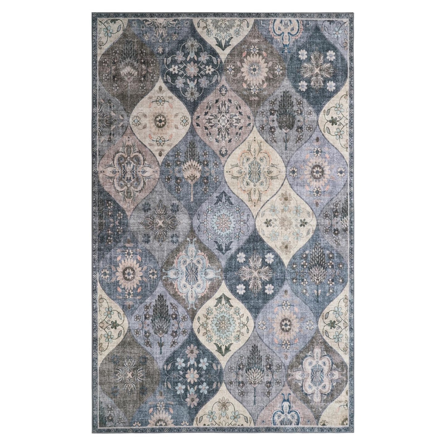 Xfrog Blumen Boho Teppich - Rutschfester Waschbarer Ultraweicher Antiker Niedriger Flor Flächenteppich für Wohnzimmer, Schlafzimmer, Kinderzimmer - 80 x 150 cm