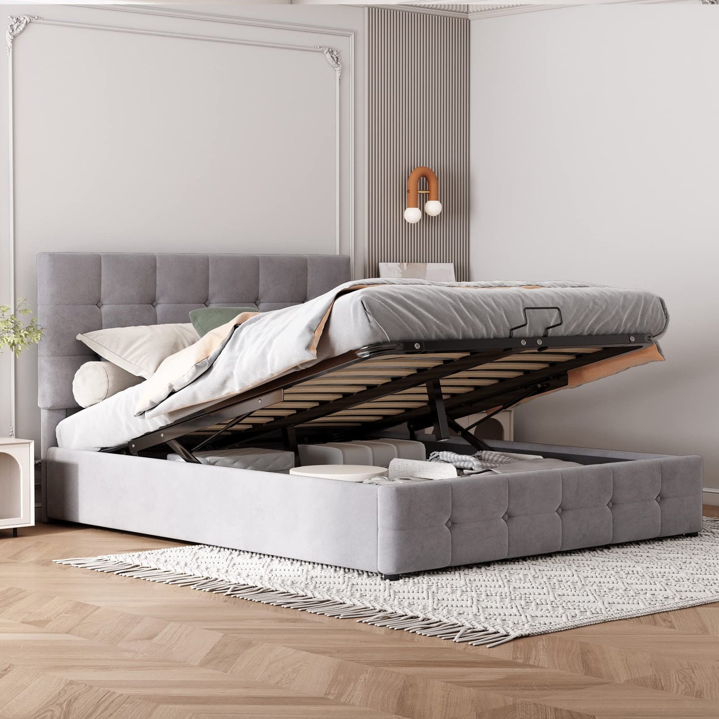 Gegtuon Upholstered Bed 140 x 200 cm, Double Bed with Headboard, Storage Bed Youth Bed with Hydraulic Storage Space Underbed, Functional Bed, Guest Bed, Bed Frame, Slatted Frame, Without Mattress,