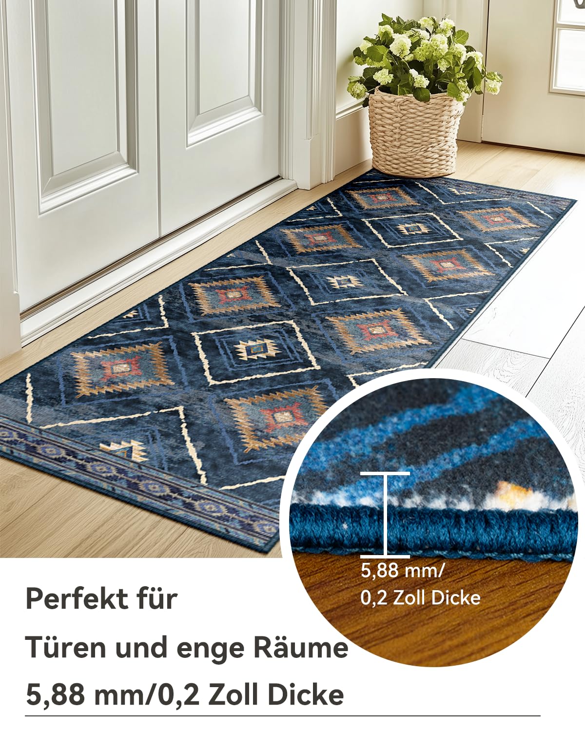 DEFYNEE Teppich Wohnzimmer 120 x 180 cm – Waschbarer Kurzflor Teppich, rutschfest, Vintage & Boho Stil, Pflegeleicht – Für Flur, Wohnzimmer, Schlafzimmer & Esszimmer, Dunkelblau