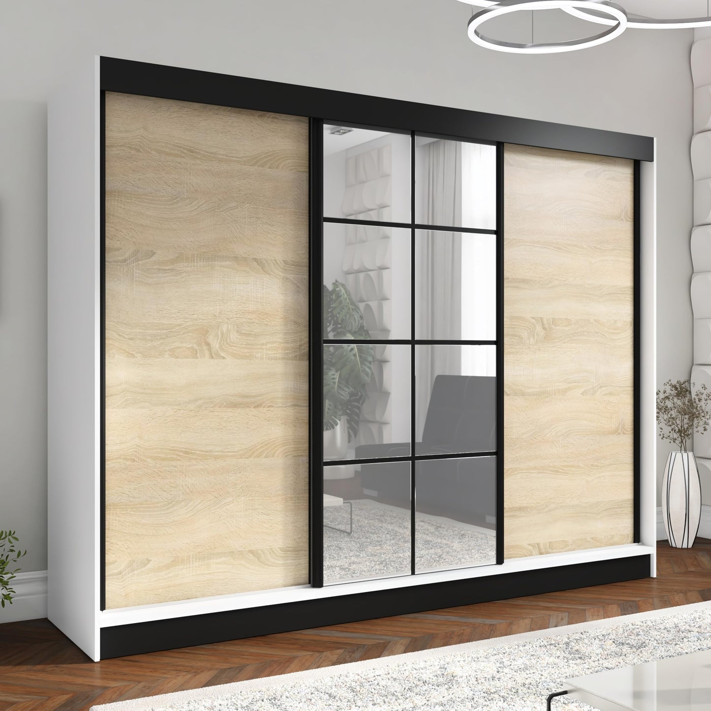 A&J MöbelLand Oravelle Sliding Door Wardrobe 3 Doors with Drawers and Mirror 200 cm (Black)