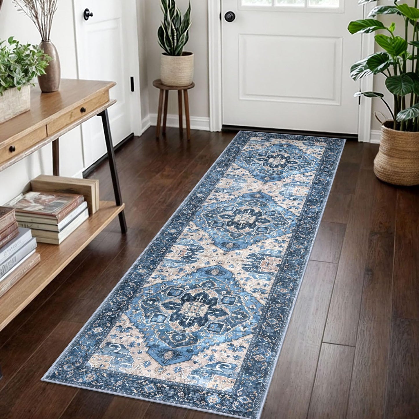 2x3 Blue Washable Rug for Entrance, Soft Traditional Area Rug, Non-Slip Printed Kitchen Rugs, Low-Pile Medallion Indoor Door Mat, Small Farmhouse Carpet for Entryway Kitchen Foyer Bedside