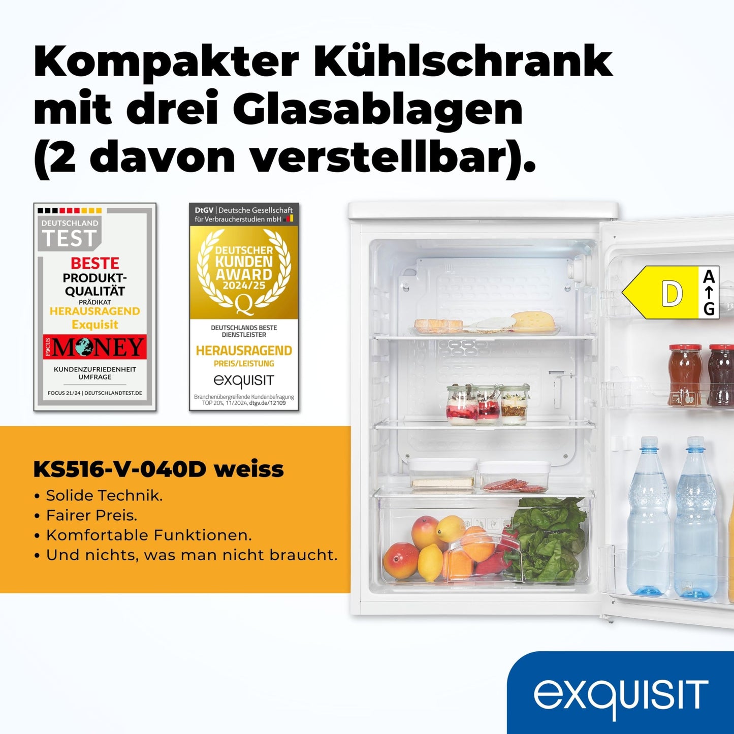Exquisit Kühlschrank ohne Gefrierfach, 126 Liter, 55 cm Breit, Freistehend, Kompakt, Temperaturregelung, LED-Licht, KS516-V-040D weiss