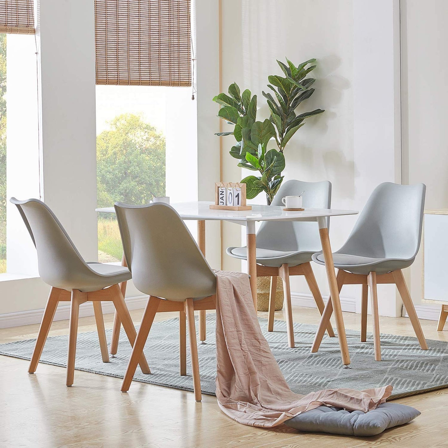 H.J WeDoo Esszimmergruppe mit 4 Essstühlen, Rechteckig Esstisch und Stühle für Esszimmer, Küche, Wohnzimmer, Weißer Esstisch und Graue Stühle