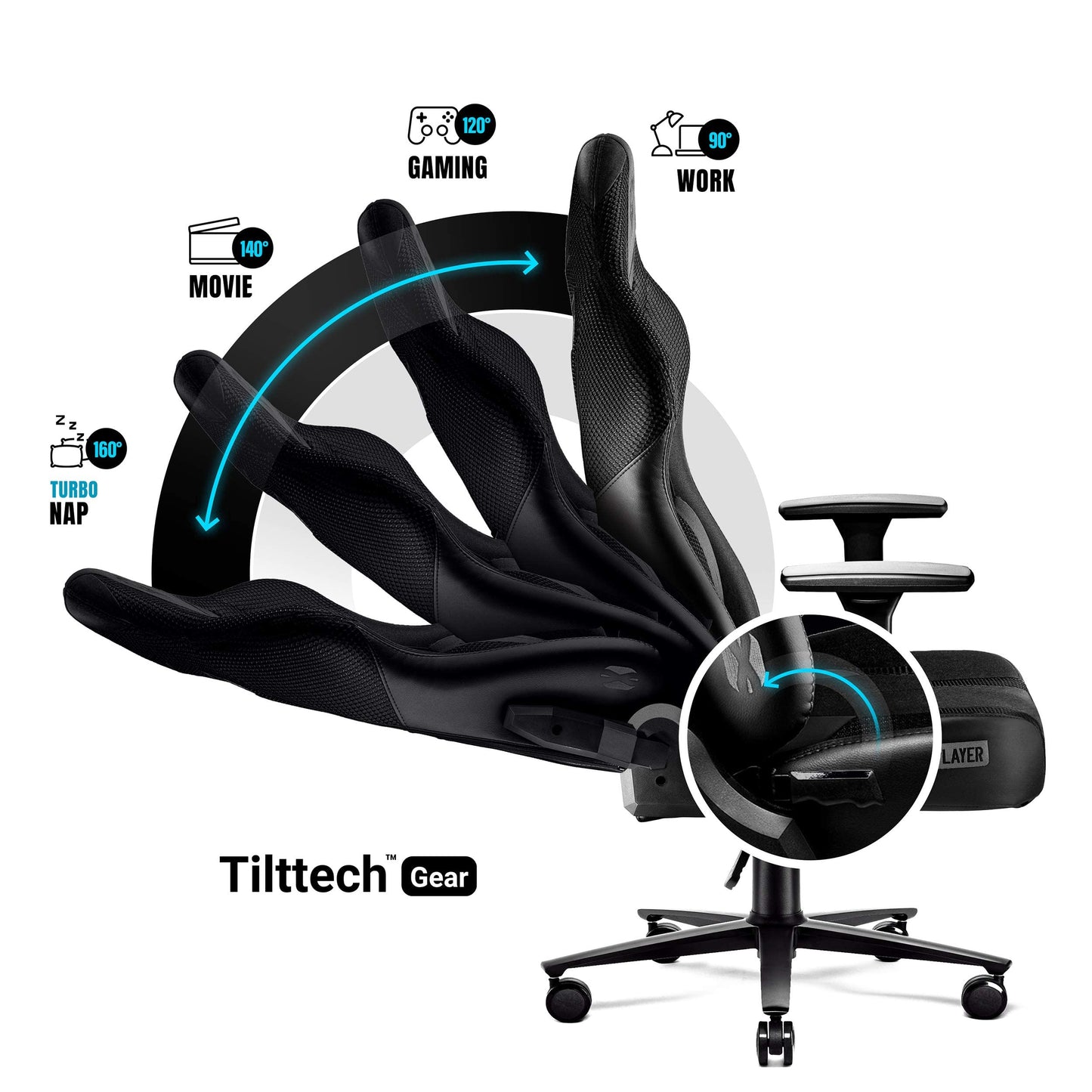 Diablo X-Player Gaming Stuhl Bürostuhl Schreibtischstuhl Stoff 3D Armlehnen Ergonomisches Design Nacken/- Lendenkissen (Frost Black, Normal (L))
