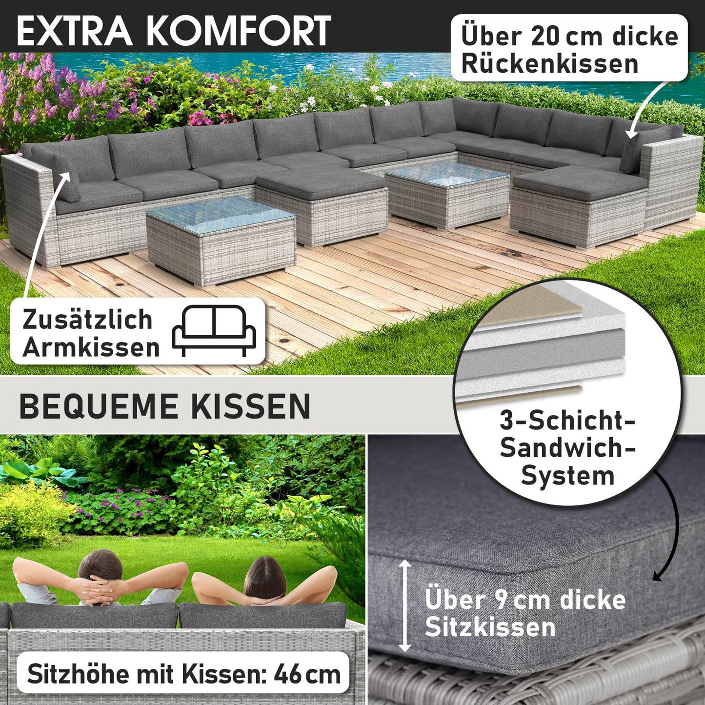 BRAST® Gartenmöbel Lounge Set XXL | 8-12 Personen viele Modelle & Farben | inkl. extra Dicke Kissen | TÜV geprüft | Outdoor Loungemöbel Sitzgruppe Essgruppe Garnitur | Dreams Grau