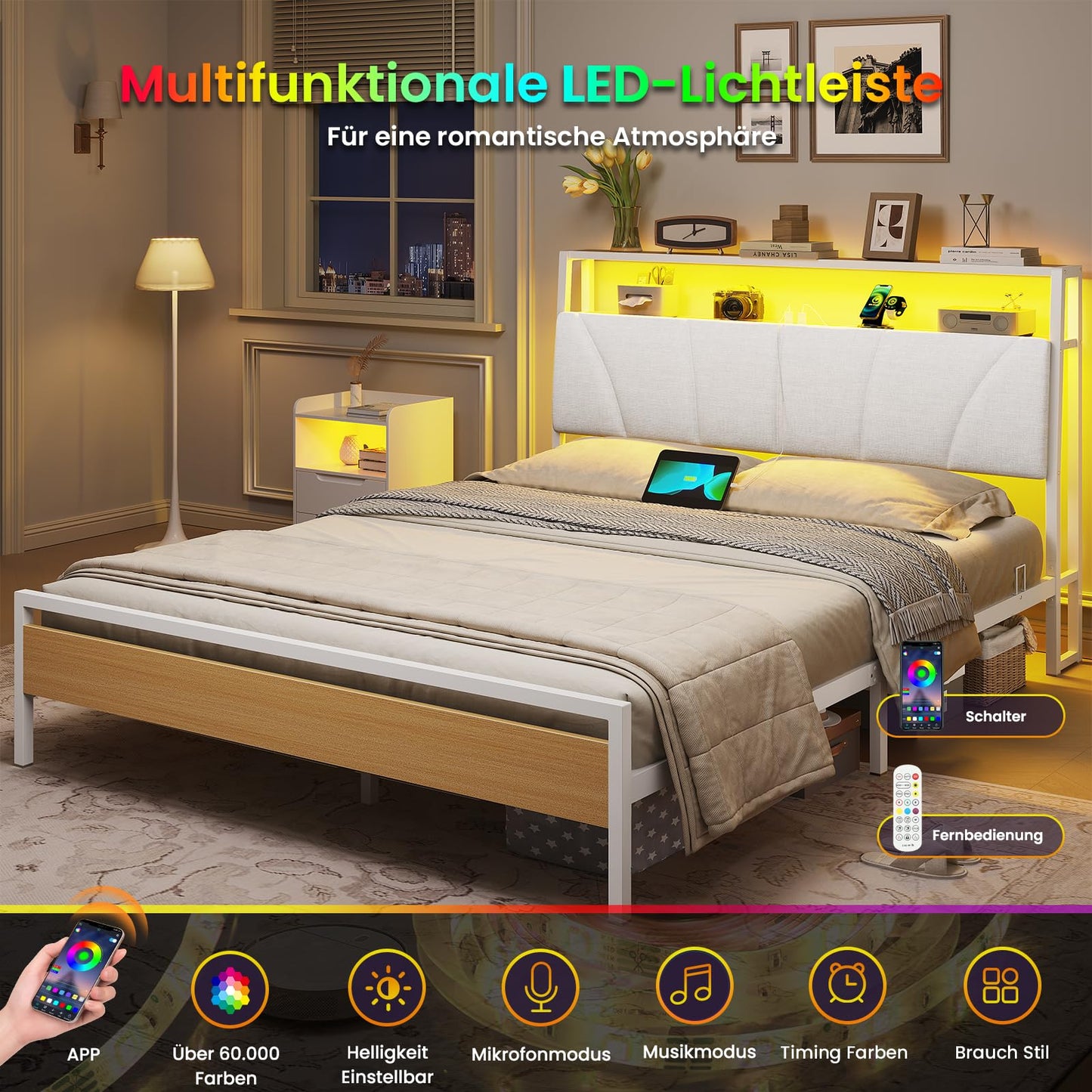 Brinlawb Bed 140 x 200 cm with Metal Slatted Frame, Bed Frame 140 x 200 cm with LED Lighting, Metal Bed 140 x 200 cm with Headboard and Charging Station (2 AC Sockets, 2 USB Ports), Youth Bed, Double