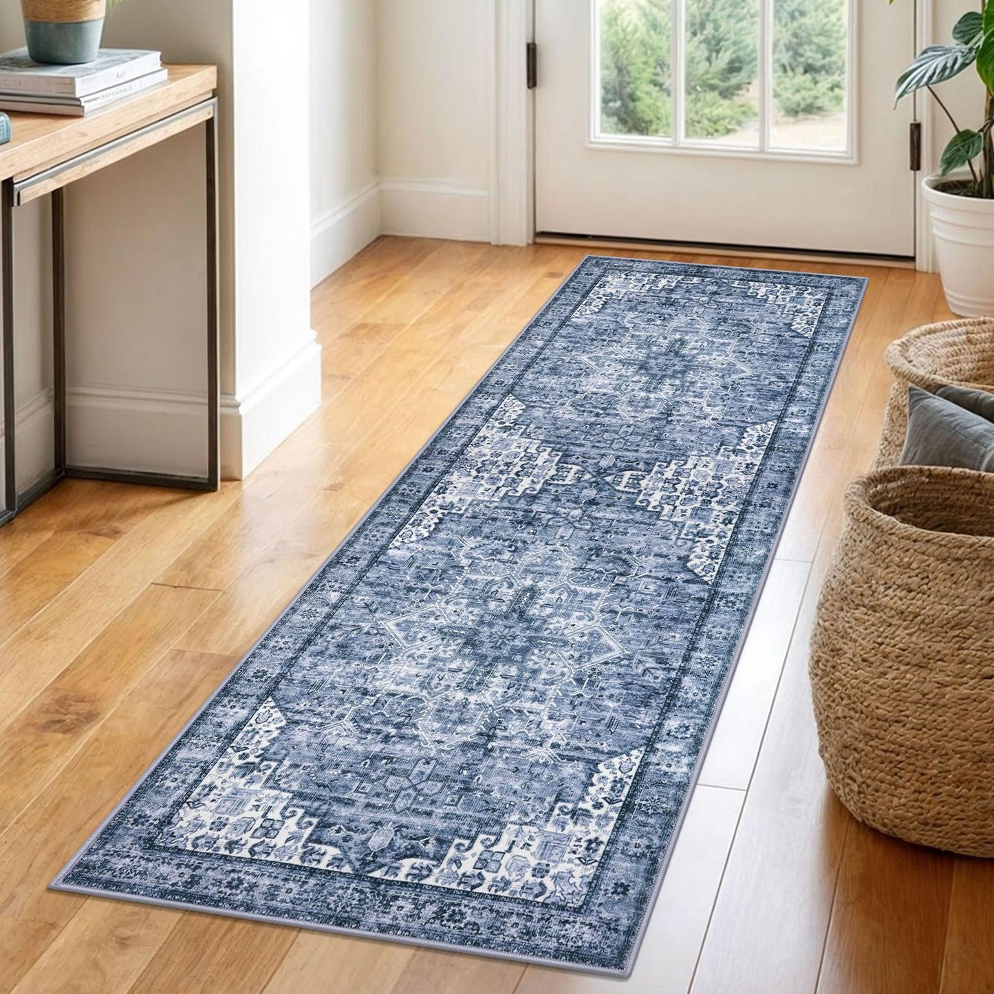2x3 Blue Washable Rug for Entrance, Soft Traditional Area Rug, Non-Slip Printed Kitchen Rugs, Low-Pile Medallion Indoor Door Mat, Small Farmhouse Carpet for Entryway Kitchen Foyer Bedside