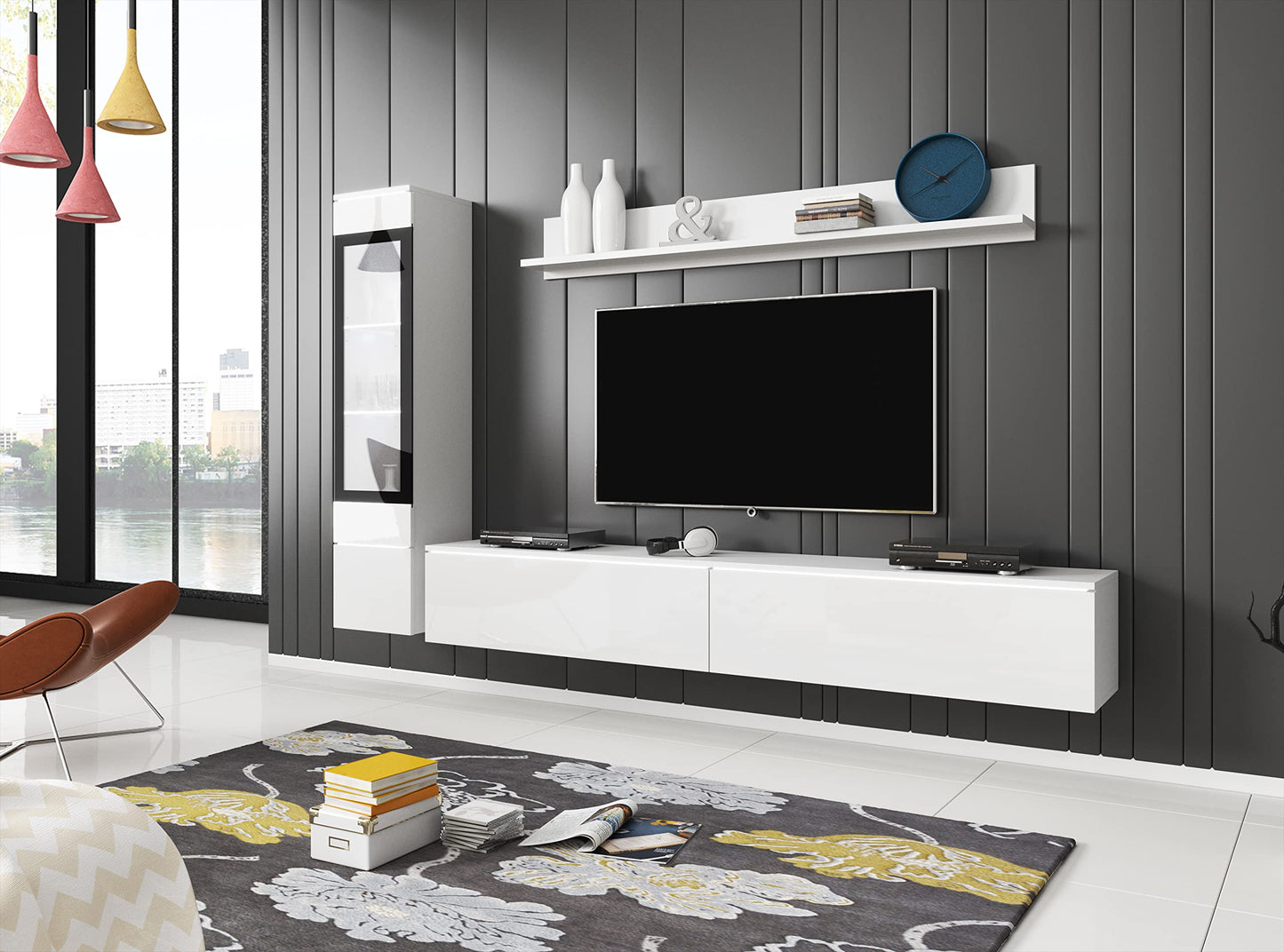 MINIO go for it Veve 2, 4-Piece Wall Unit Set, Hanging or Standing, 2 x Tall Cabinet Display Cabinets, Lowboard, Wall Board, Laminated Clamping Plate, Wotan Oak and Black Gloss, without Lighting