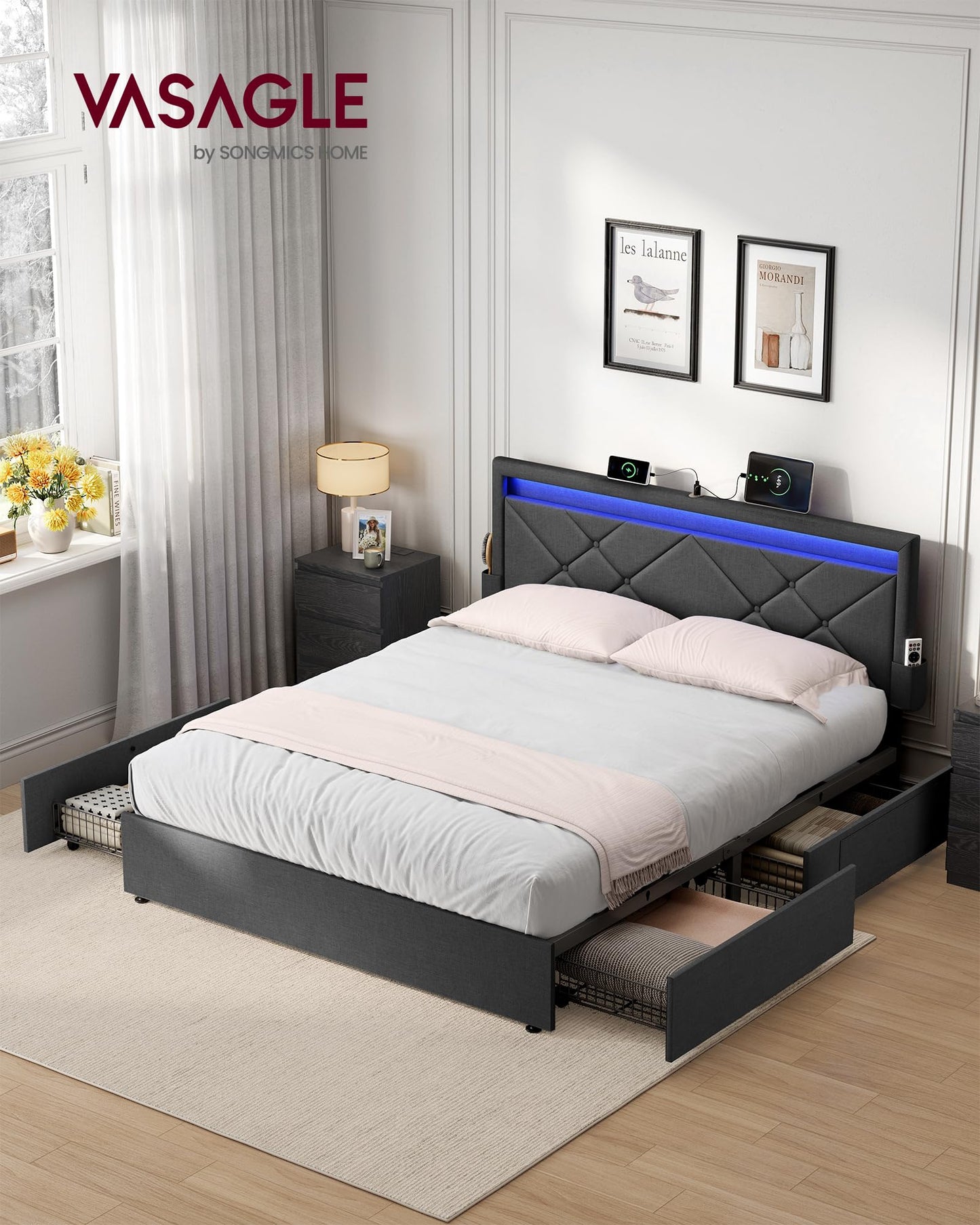 VASAGLE Double Bed Frame - Fits 140 x 200 cm Mattress - LED Metal Bed - 4 Drawers - Charging Station - Adjustable Padded Headboard - Slate Grey RMB827G02