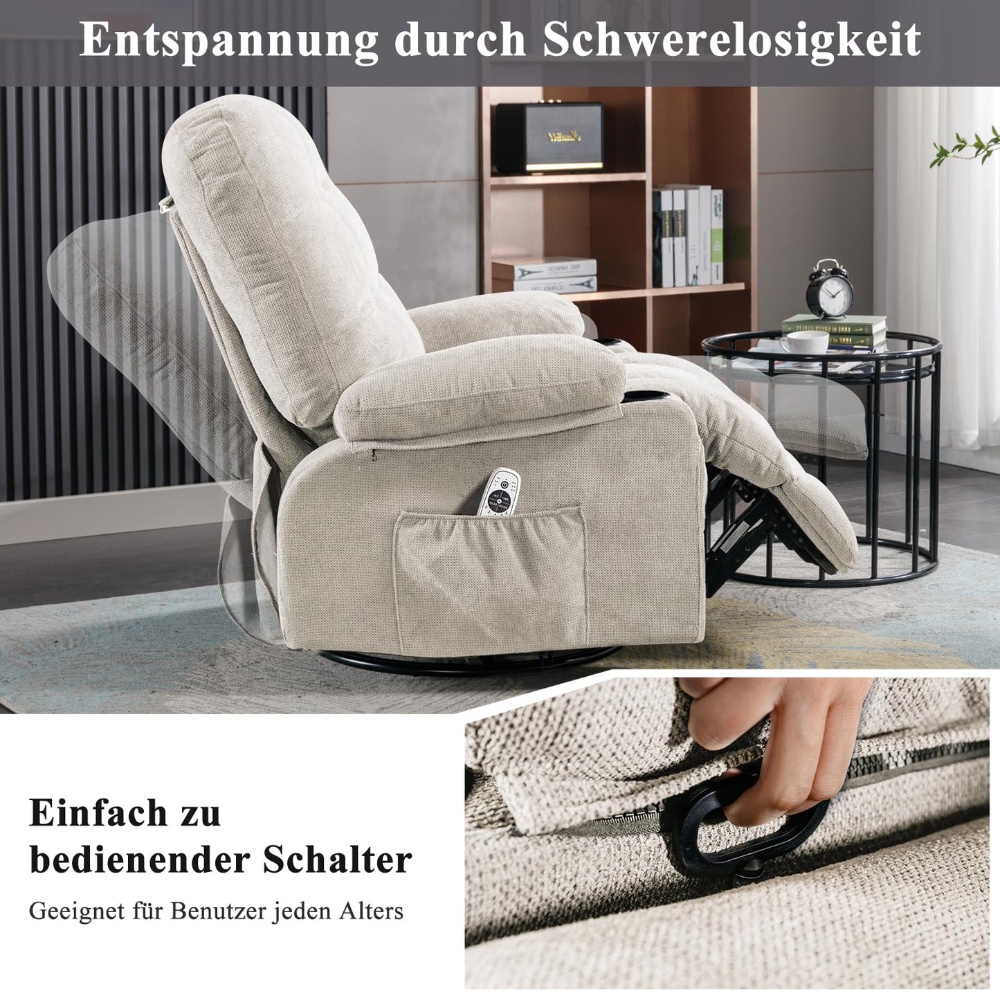 Bosmiller Relaxsessel mit Liegefunktion Massagesessel Oversize Fernsehsessel 360°Drehbarer Liegesessel Heizung Verstellbar Sessel Stoff