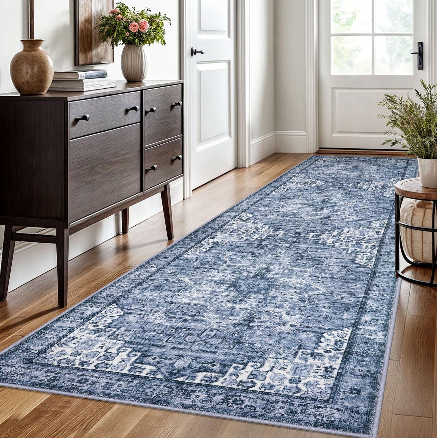 2x3 Blue Washable Rug for Entrance, Soft Traditional Area Rug, Non-Slip Printed Kitchen Rugs, Low-Pile Medallion Indoor Door Mat, Small Farmhouse Carpet for Entryway Kitchen Foyer Bedside