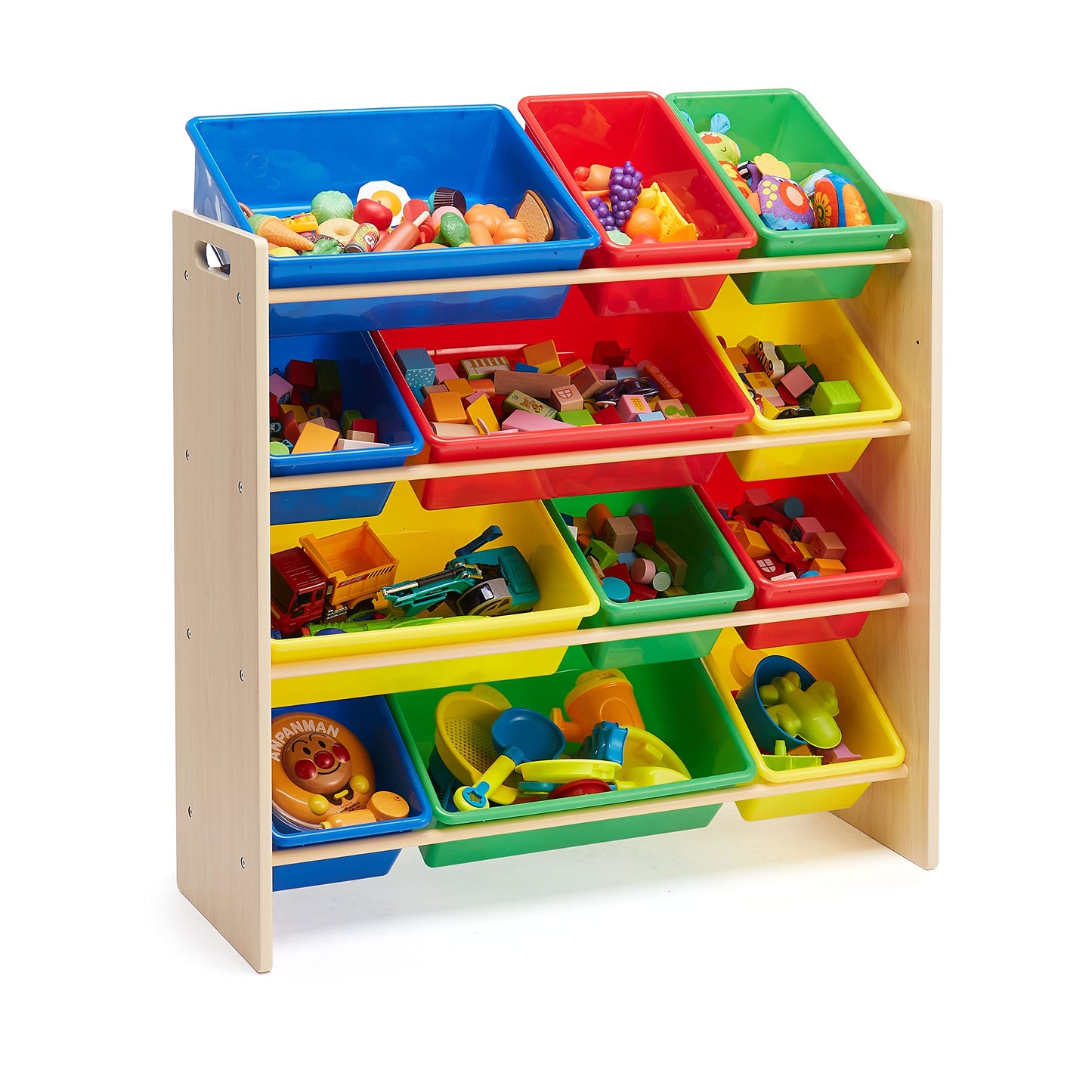 Amazon Basics Kids Toy Storage Toy Organiser with 12 Plastic Containers, White Wood with Pink Containers, 27.7 x 85.3 x 79 cm