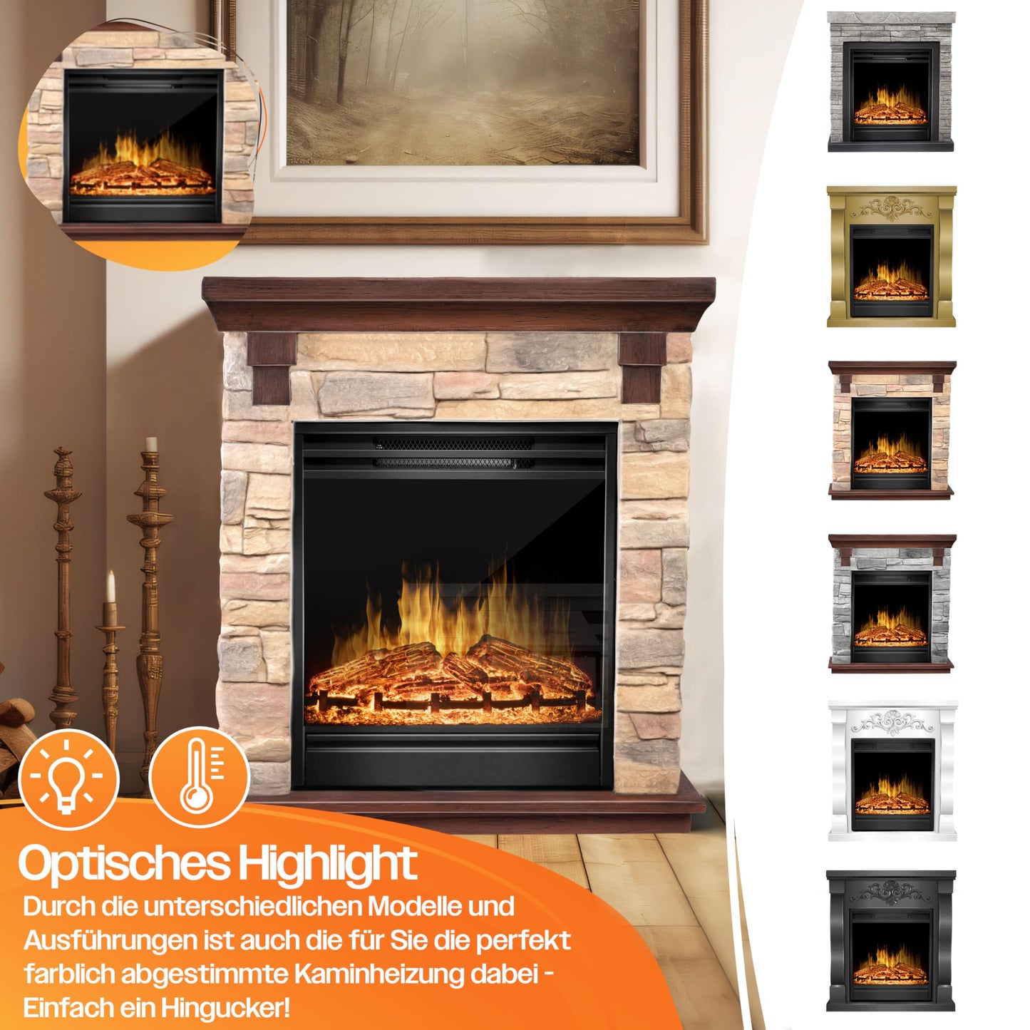 KESSER® Electric Fireplace with LED 3D Flame Effect, Heating Function, 1,800 W Power, Timer, Thermostat, Remote Control, Dimmable, Stone Look/Grey