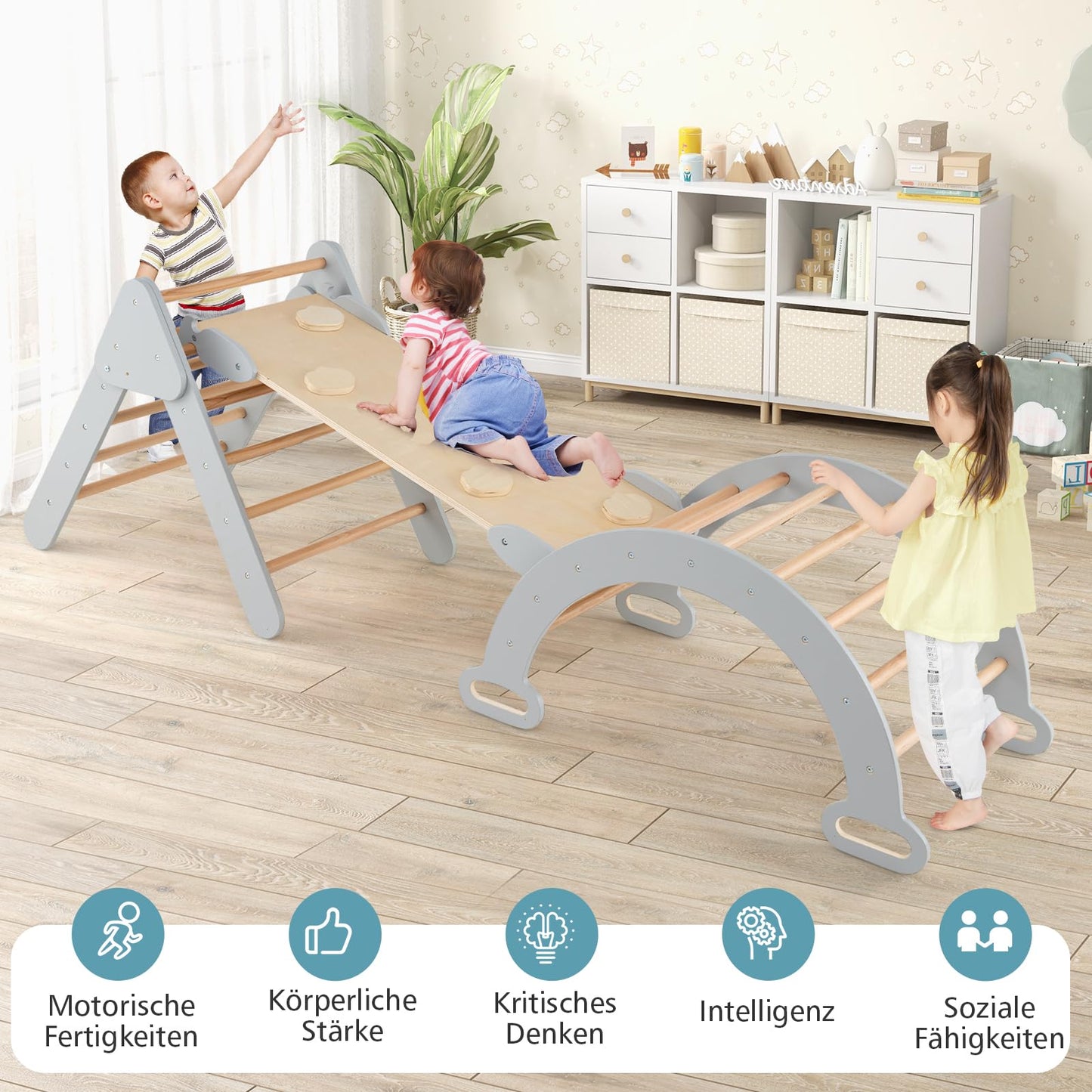 COSTWAY Kletterdreieck mit Rutsche, Kletterbogen, inkl. doppelseitige Rampe, zum Klettern, Rutschen und Wippen, 4 in 1 Klettergerüst Indoor ab 1 Jahr (Macaron bunt)