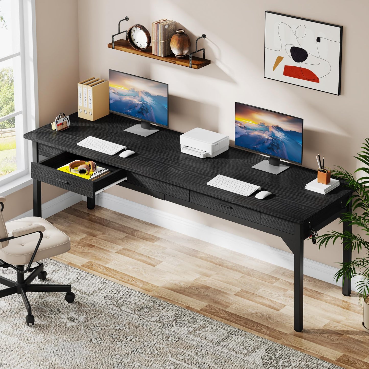 Tribesigns Schreibtisch Computertisch 200 x 60 x 82 cm, Doppelter Langer Schreibtisch mit 2 Schubladen, PC Tisch Bürotisch Arbeitstisch Esstisch Büro-Möbel Computertisch für Home Office, Braun
