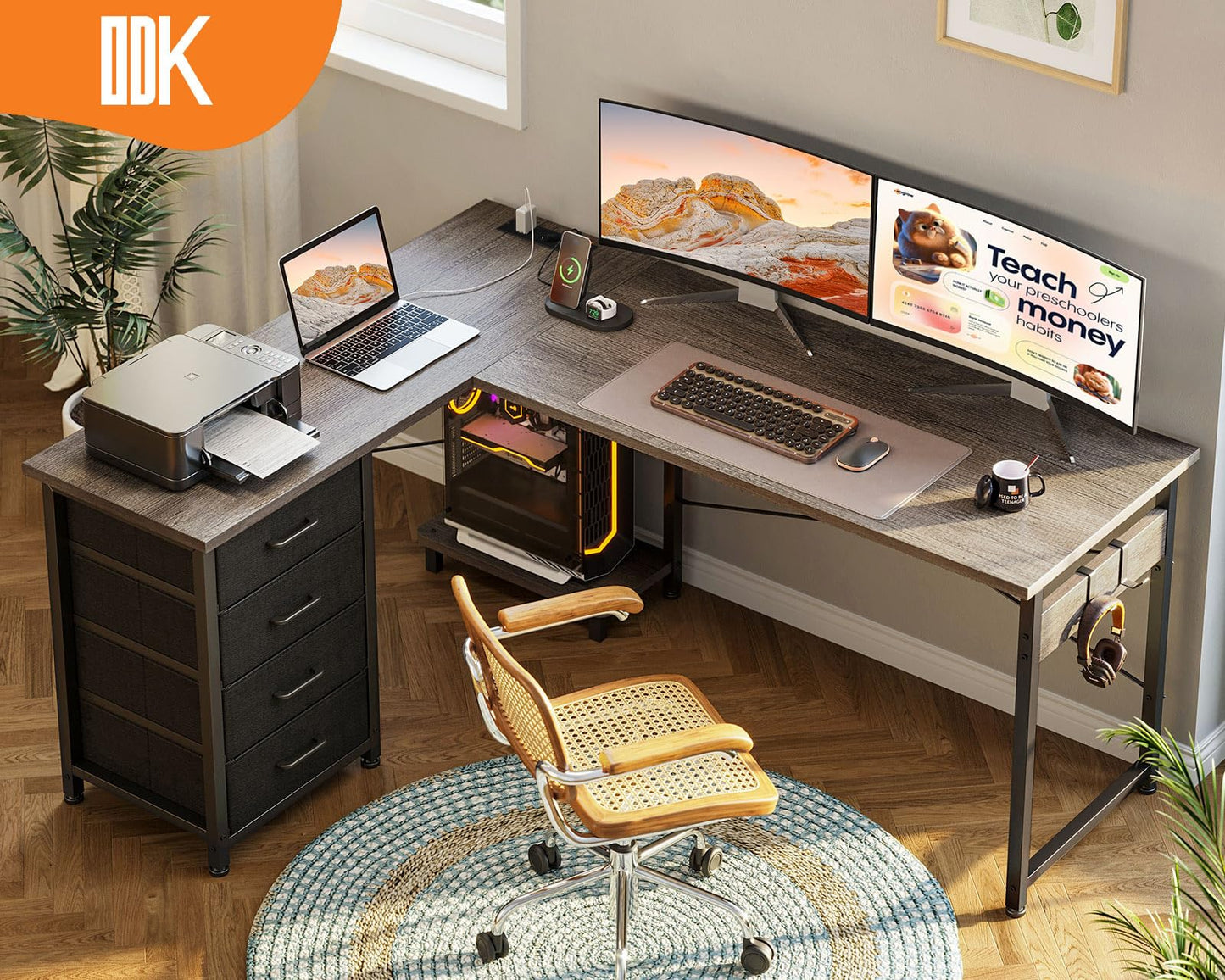 ODK Corner Desk with 4 Drawers, 135 x 100 cm, L Shape Desk with Socket and USB Charging Port, Reversible Desk with Storage Space for Home Office and Gaming, Black