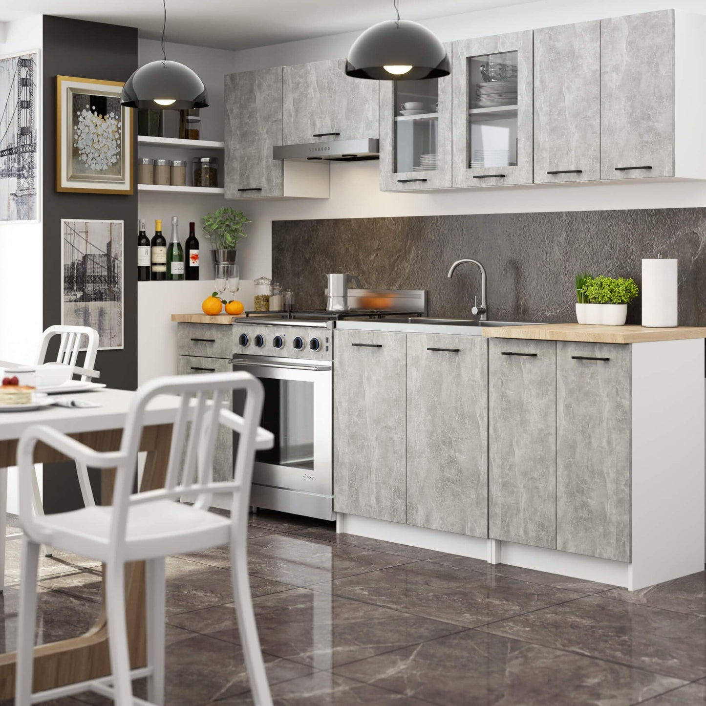 AKORD Küchenmöbel-Set OLIWIA 2.4m Modulares 240 cm 11 Türen 1 Schublade, Küche Komplett, Kitchen Cabinet Set, Küchenschränke, Standschränke, B240xH203xT46 cm, Beton & Beton