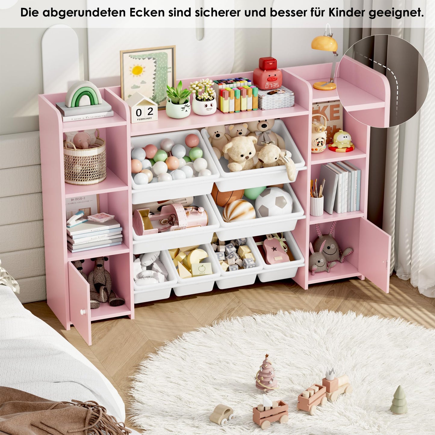 FOREHILL Kinderregal mit 8 Boxen Kinderschrank Holz Bücherregal für Kinder Aufbewahrungsbox Kinderzimmer Möbel mit Spielzeugkiste 138,8 x 94,3 x29,6 cm (rosa)