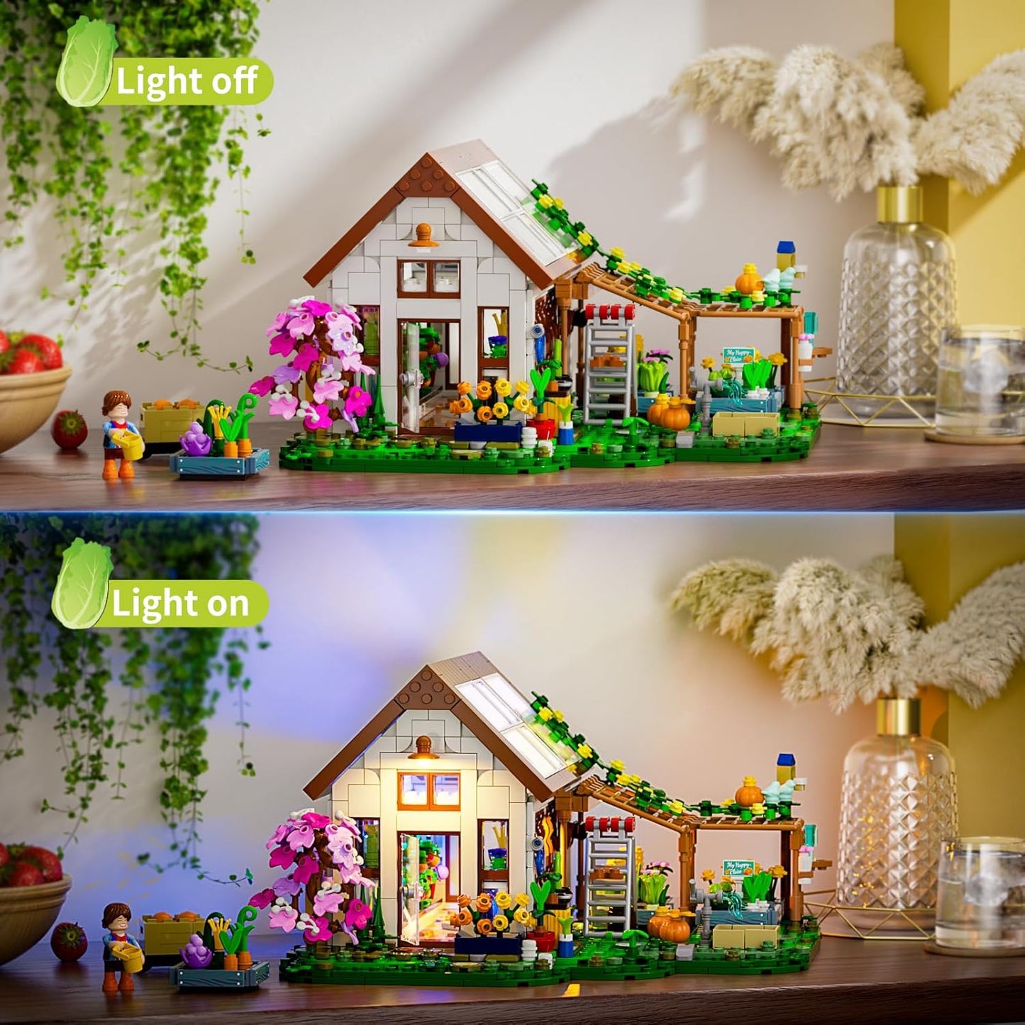 FUNWHOLE Botanical Greenhouse Illuminated Building Block Set - Farm Flower House with LED Light, Modular Model Kit, 1428 Pieces for Adults and Teenagers Who Love Flowers and Plants